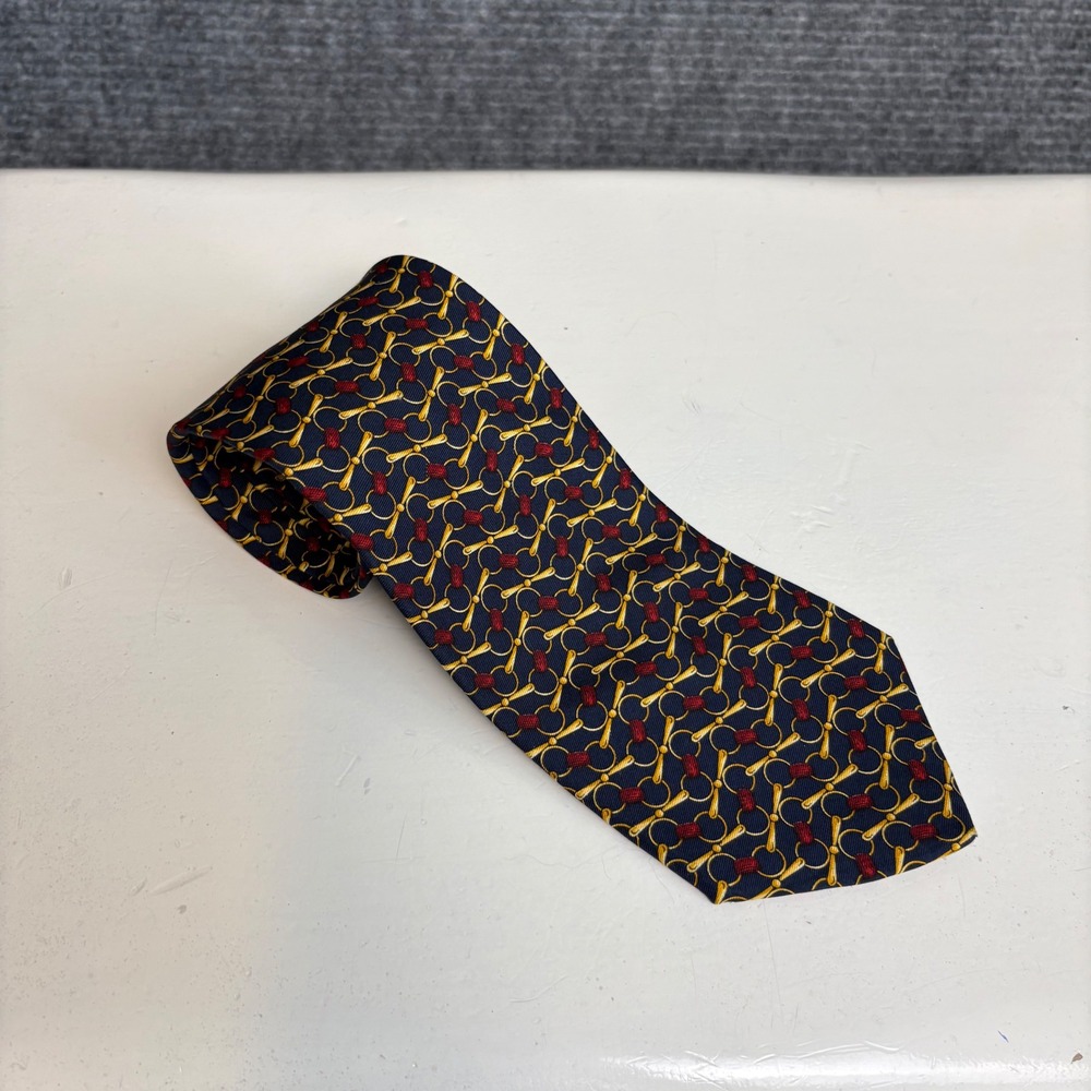 Brooks Brothers Makers Mens Silk Tie Navy Blue Gold Equestrian Bit Red Pattern
